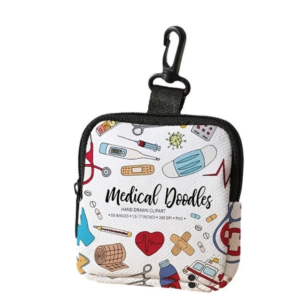 A small medical doodles patterned coin purse with a black loop closure.