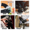Four panels showing a person putting on disposable nitrile gloves, numbered one through four.