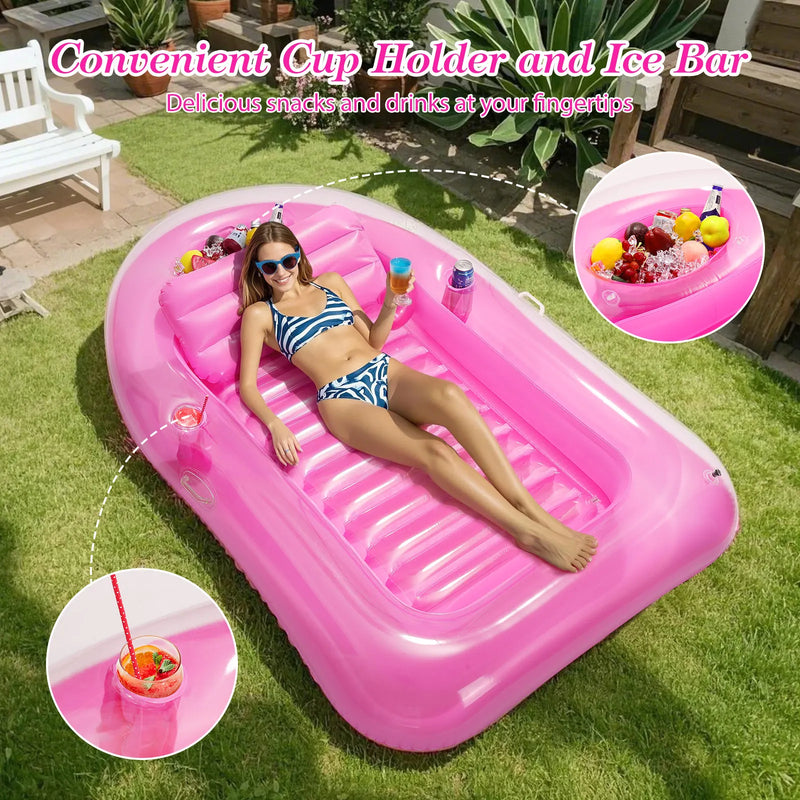 Inflatable Tanning Pool Lounger with Ice Bar & Cup Holders