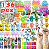 A colorful pack of sensory fidget toys and stickers for kids including pop-it toys, squishy toys, and various stickers.