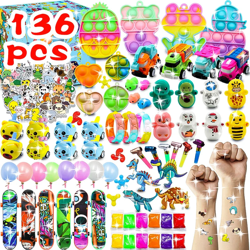 A colorful pack of sensory fidget toys and stickers for kids including pop-it toys, squishy toys, and various stickers.