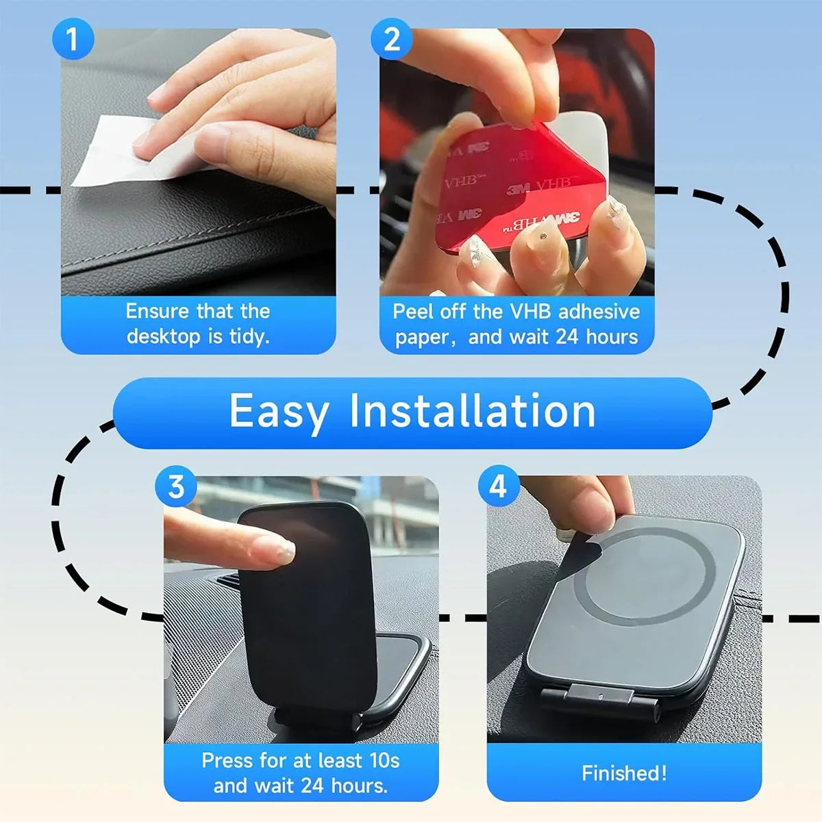 Instructions for easy installation of a magnetic car phone mount using VHB adhesive paper.