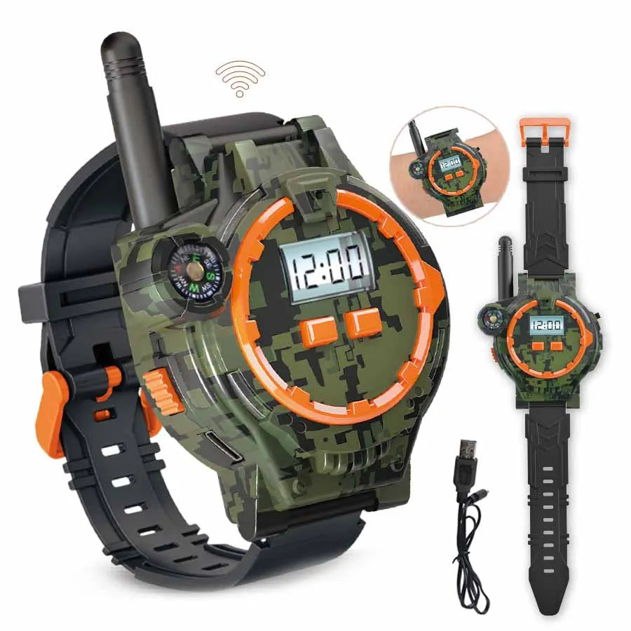 A green and black camouflage watch set with a digital display and a speaker, shown next to its strap.