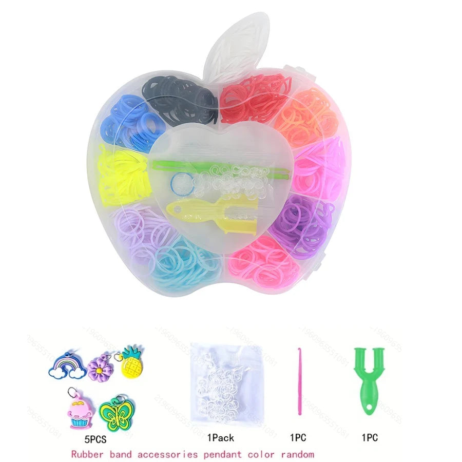 A heart-shaped clear plastic container holding various colored rubber band accessories for bracelet making.