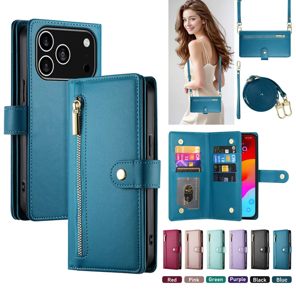 A teal crossbody phone wallet with card slots and zipper closure shown alongside a women's handbag.