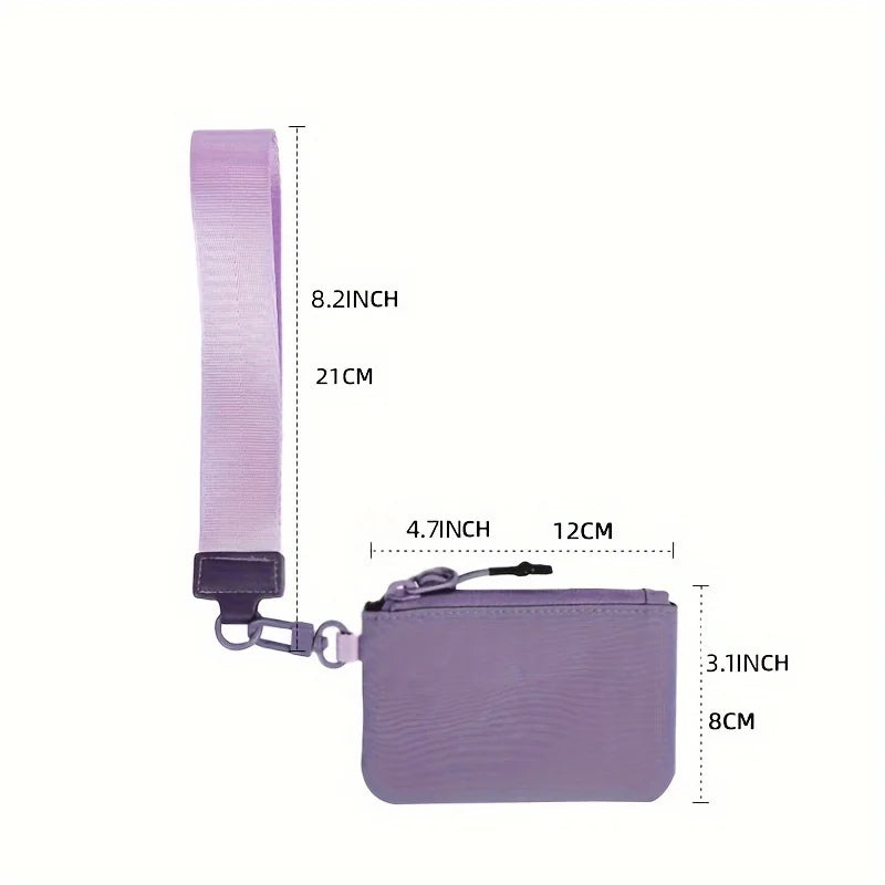 A purple detachable wristlet wallet with a zipper pouch and card slots, shown next to its strap.