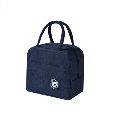 Navy insulated lunch bag with carrying handles for meals on the go