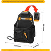 A black small woodworking project quick-release tool bag with an orange strap and a robust construction.