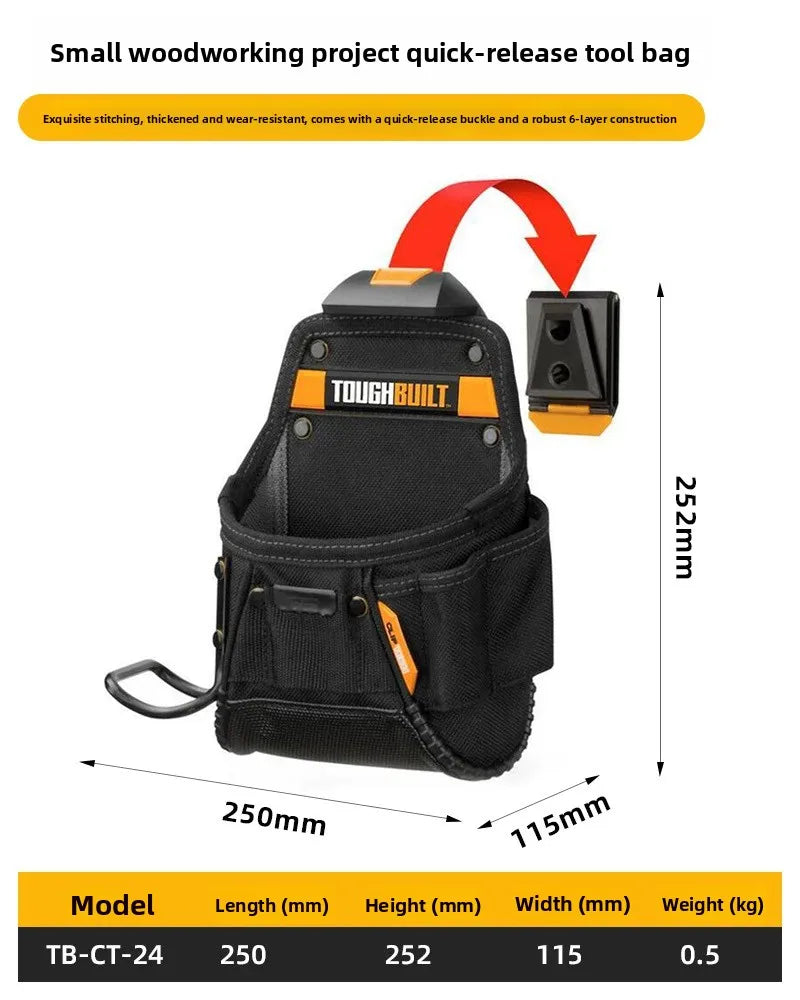 A black small woodworking project quick-release tool bag with an orange strap and a robust construction.