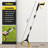 A yellow foldable grabber reacher tool with a black handle and magnetic swivel head is shown against a white background.