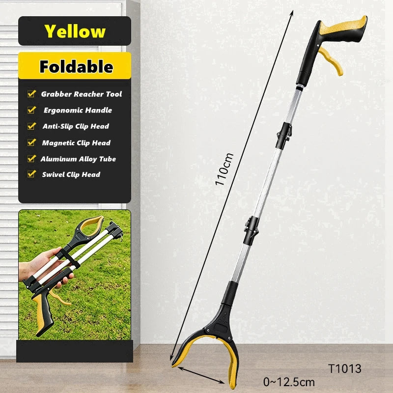 A yellow foldable grabber reacher tool with a black handle and magnetic swivel head is shown against a white background.