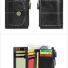 Black leather wallet with multiple card slots and RFID blocking features shown in different views.