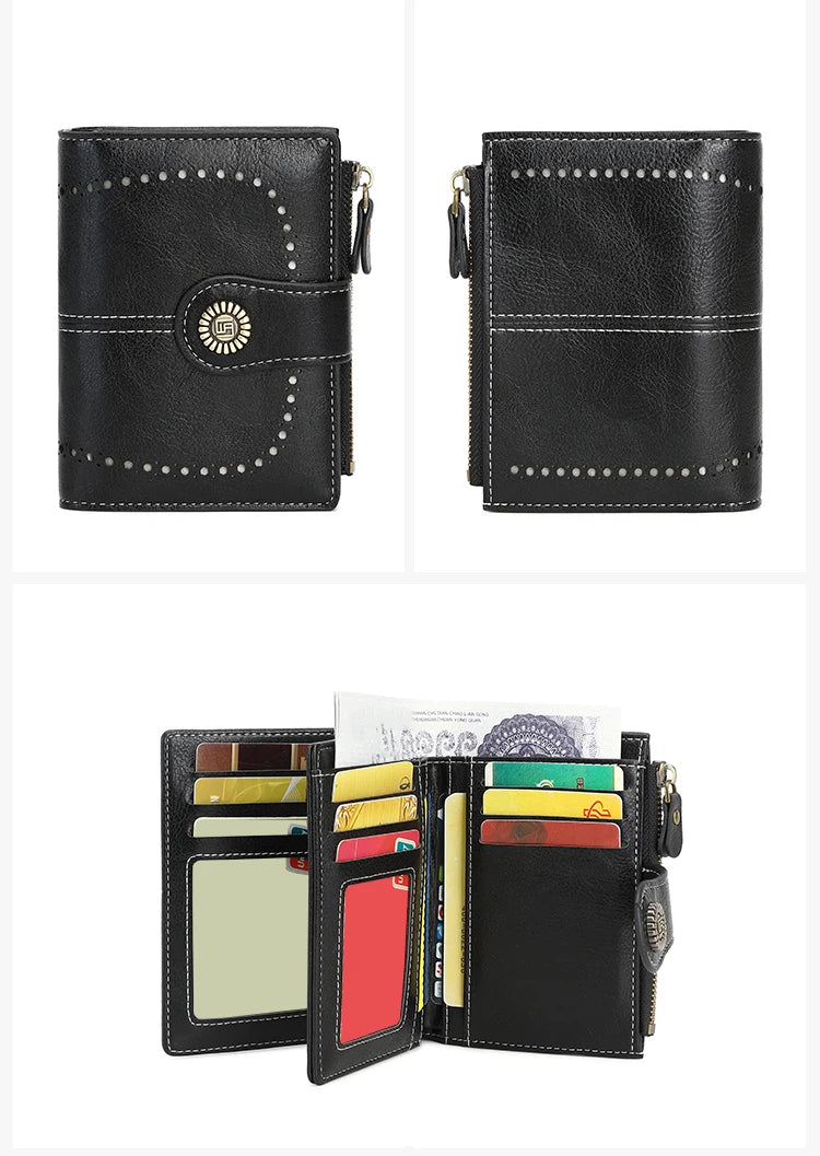 Black leather wallet with multiple card slots and RFID blocking features shown in different views.