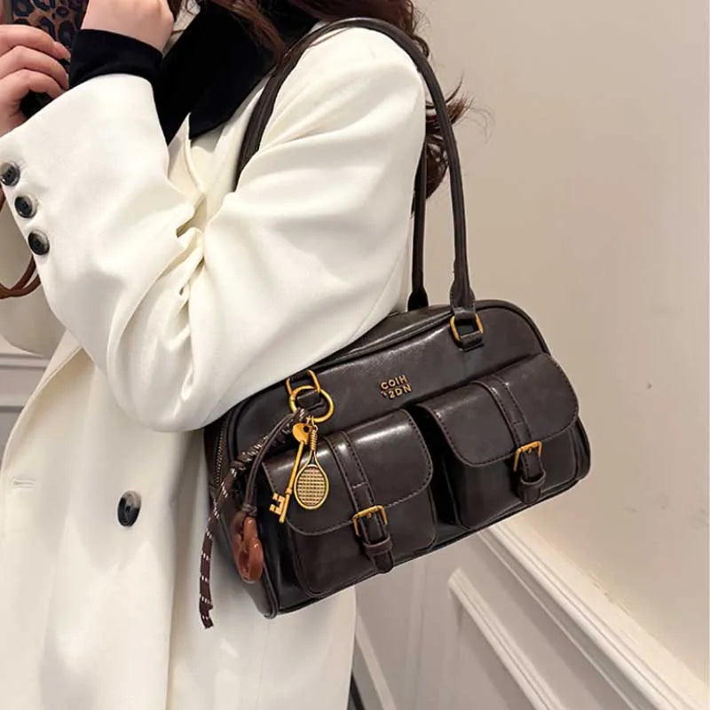 Women's Retro PU Leather Shoulder Bag with Multiple Pockets & Detachable Charm
