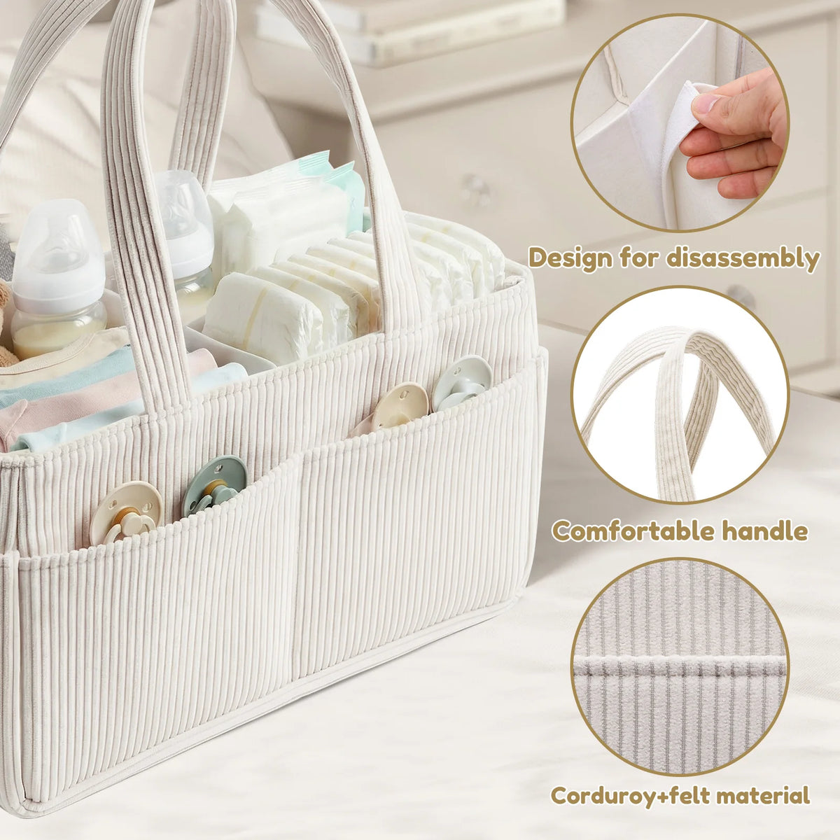 A white corduroy baby diaper caddy organizer with handles showing its design features and contents.
