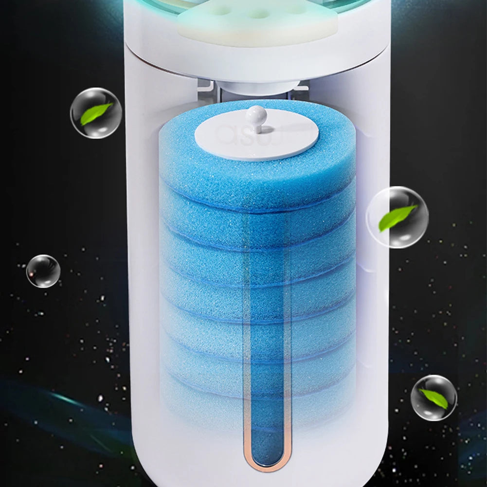 A white wall-mount holder for a blue, textured disposable aromatherapy toilet cleaner with a clear tube.