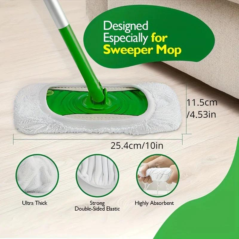 A green mop handle with a white microfiber pad is shown next to details about the product's thickness, elasticity, and absorb
