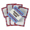 A stack of red and blue cards featuring the text FAMILY TIME and various questions for a game