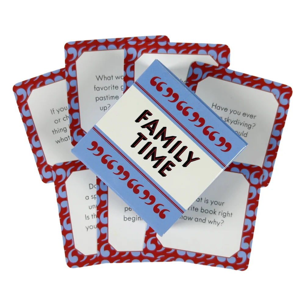 A stack of red and blue cards featuring the text FAMILY TIME and various questions for a game