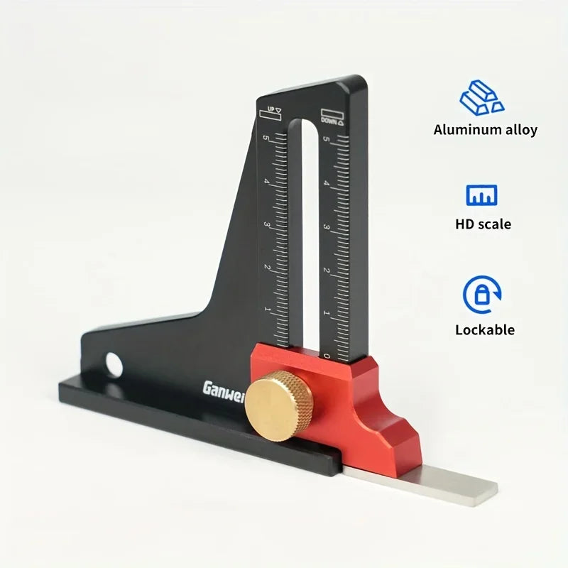 A black aluminum alloy precision height setting gauge with an HD scale and lockable feature.
