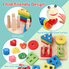 A set of child-friendly wooden puzzles and stacking toys including round edges and smooth surfaces for toddlers.