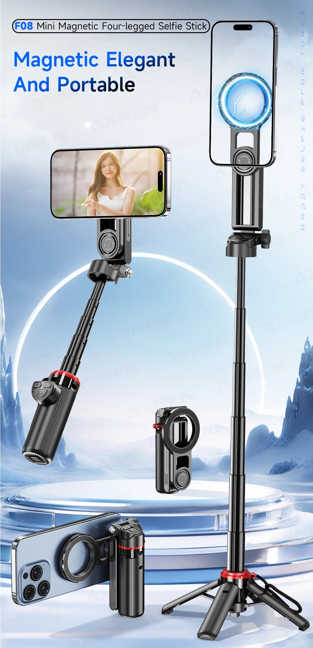 A black magnetic four-legged selfie stick with a smartphone mount and fill light attached, shown against a snowy landscape.