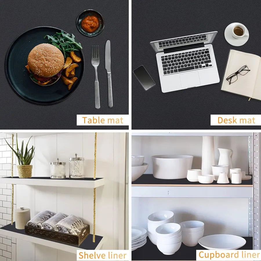 A set of EVA waterproof non-slip drawer and shelf liner mats shown in various contexts.