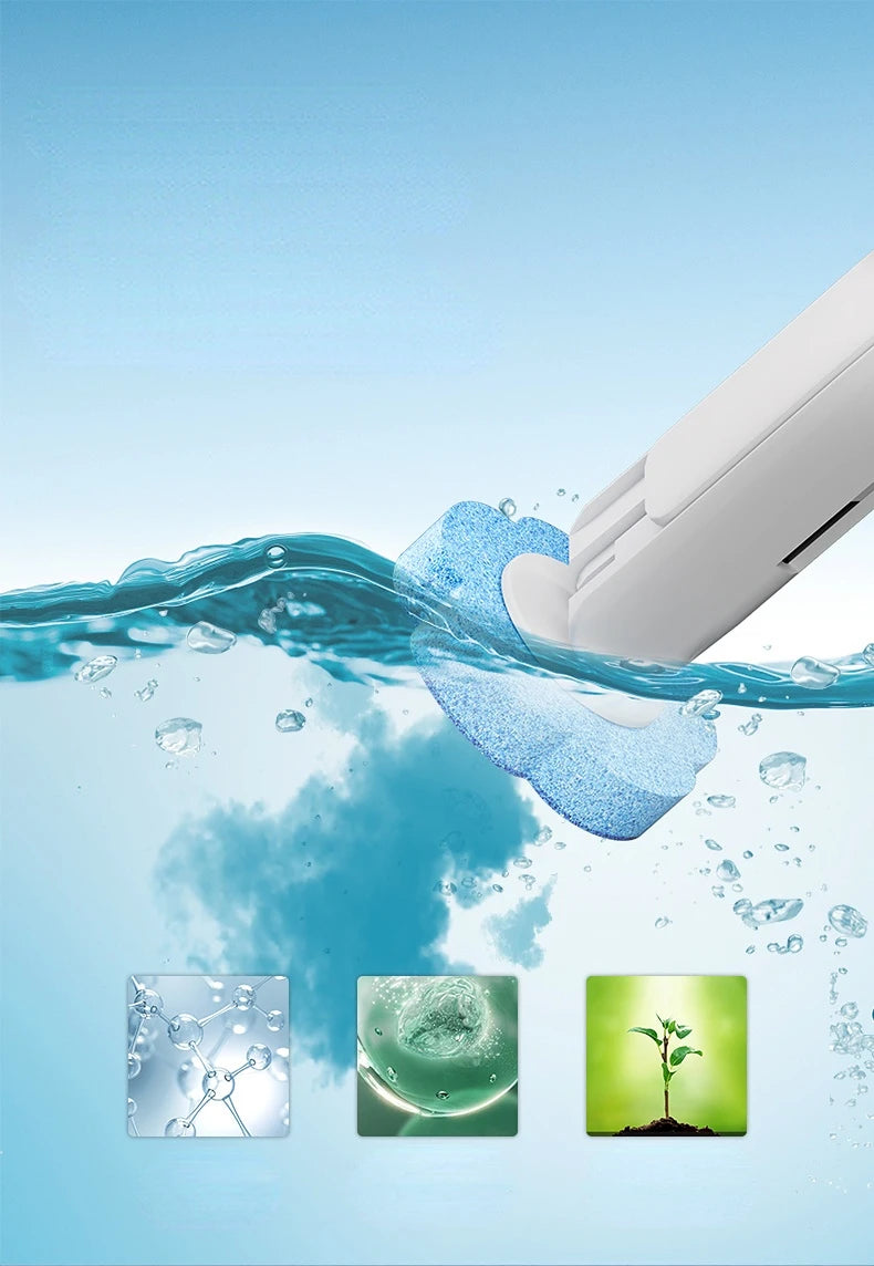A white wall-mounted holder for a disposable toilet brush set is shown dipping into clear water.