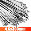 A close-up view of multiple heavy-duty stainless steel cable ties with a 4.6x300mm size.