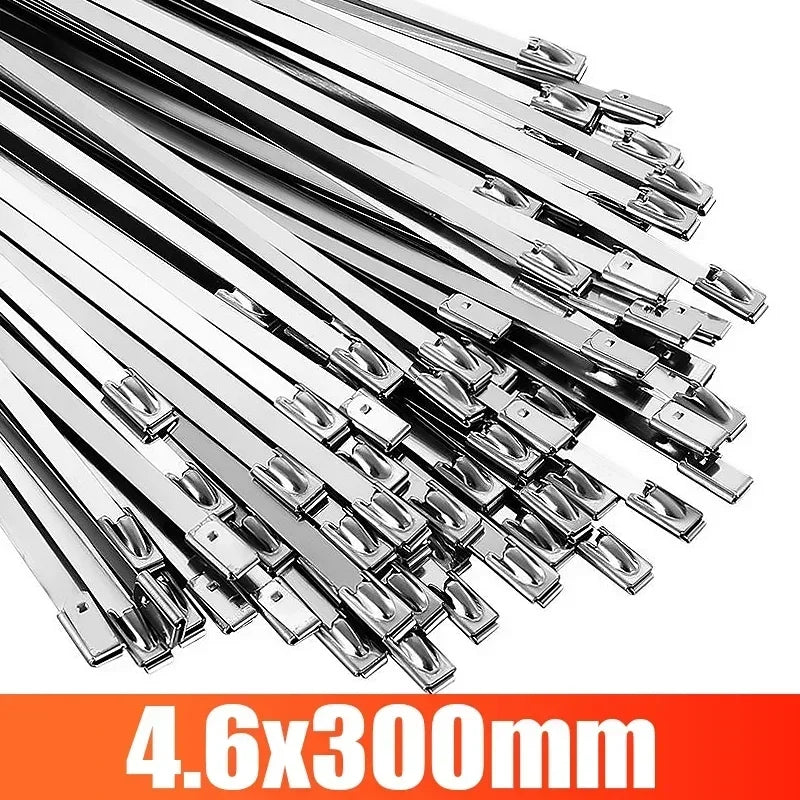 A close-up view of multiple heavy-duty stainless steel cable ties with a 4.6x300mm size.