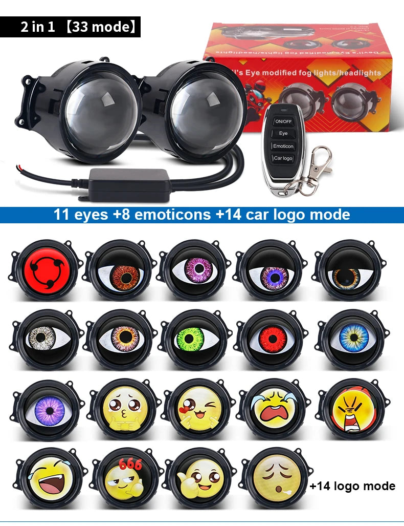 A set of 11 devil eye headlights with remote control and various logo modes for a 2 in 1 flashlight.