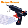 A black 20W hot melt glue gun with a stand and ten glue sticks is shown next to a bundle of clear glue tubes.
