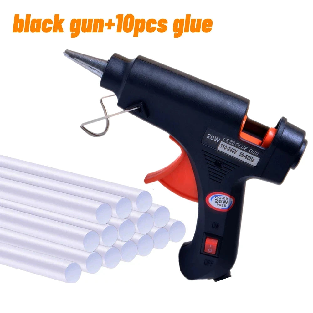 A black 20W hot melt glue gun with a stand and ten glue sticks is shown next to a bundle of clear glue tubes.
