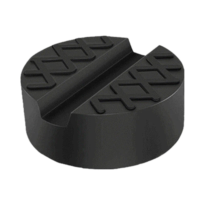 Black rubber pad for a universal car jack with a slotted frame rail adapter.