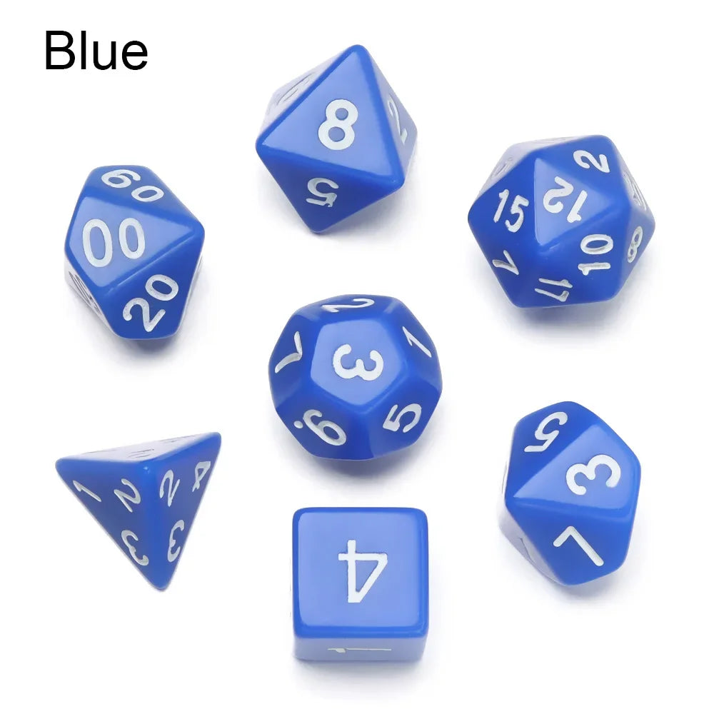 A set of blue polyhedral dice including a d8, d10, d12, d20, and a d4.