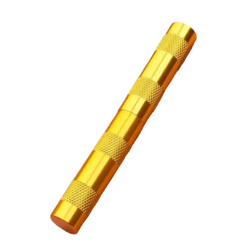 A gold-colored leather sewing awl set with replaceable needles shown diagonally.
