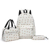 A floral 3-piece backpack set featuring a white backpack, handbag, and pencil case.