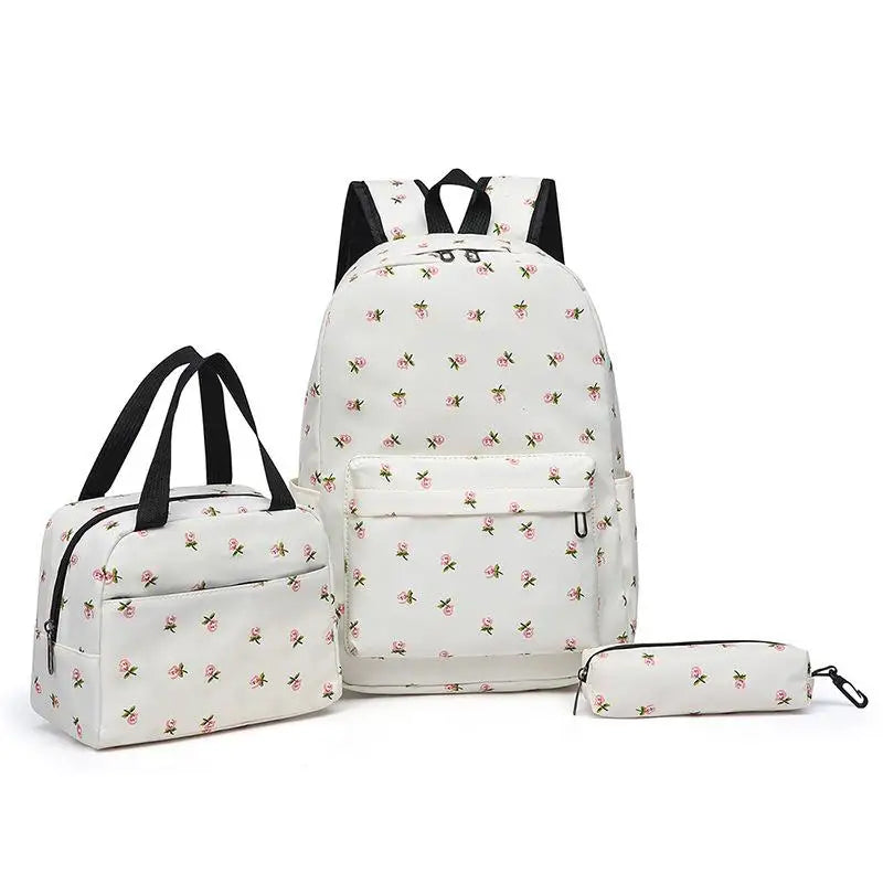 A floral 3-piece backpack set featuring a white backpack, handbag, and pencil case.