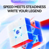 A white and blue speed cube is shown, featuring a red accent, with text promoting speed and steadiness.