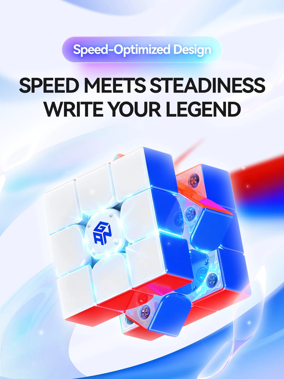 A white and blue speed cube is shown, featuring a red accent, with text promoting speed and steadiness.