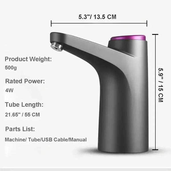 Dispensa de agua eléctrica portátil plateada y púrpura con tubo largo, junto a sus especificaciones.
