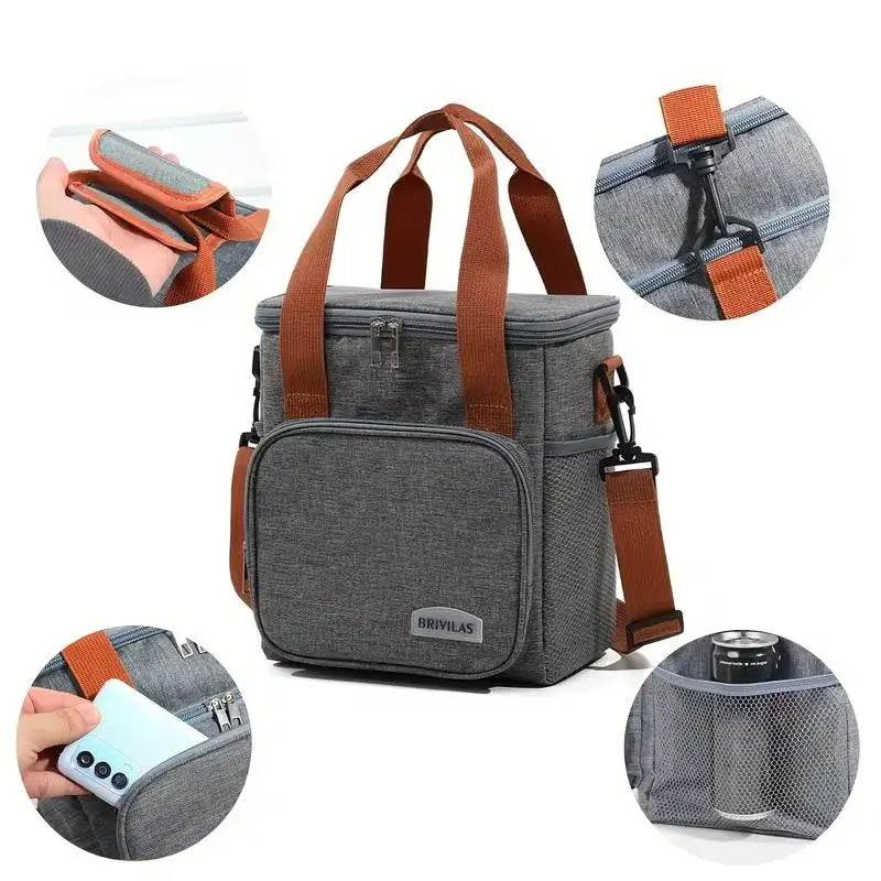 A set of insulated lunch bags in gray and pink, including a main bag and a separate silicone food storage container.