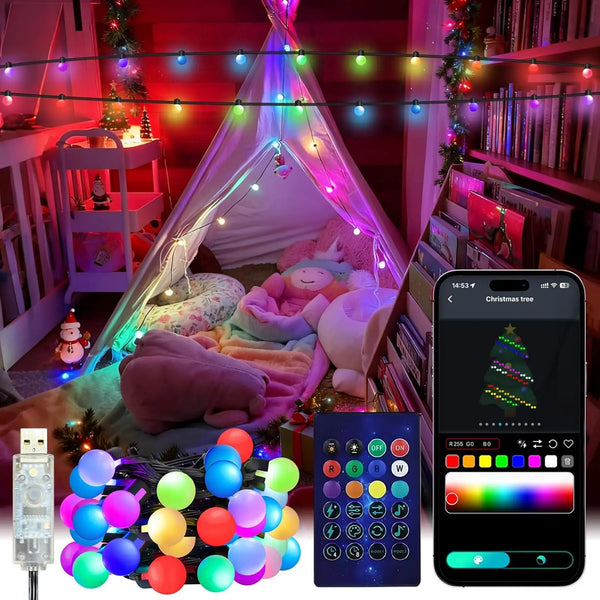 Smart RGB LED string lights with app and remote control featuring various colored lights and a light strip.