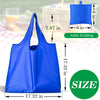 A bright blue foldable reusable grocery bag shown in various sizes and after folding.