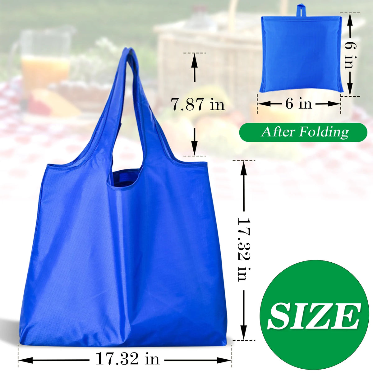 A bright blue foldable reusable grocery bag shown in various sizes and after folding.