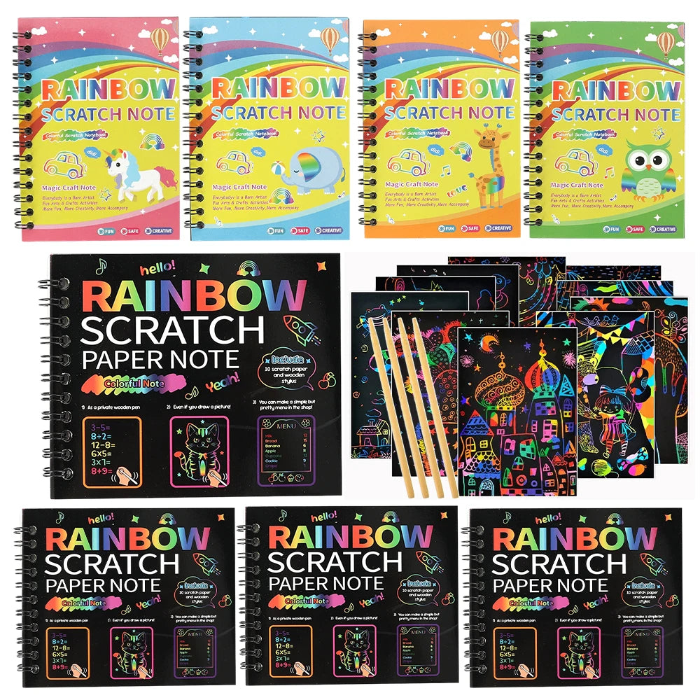 Un set de blocs-notes et kits de loisirs créatifs arc-en-ciel avec illustrations colorées et stylos en bois.