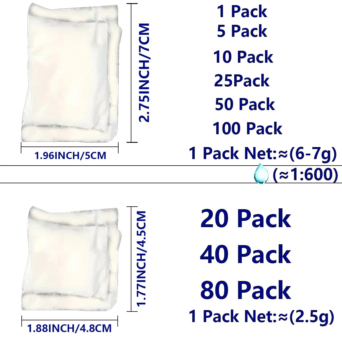 Various packs of portable toilet absorbent powder with different net weights and dimensions.
