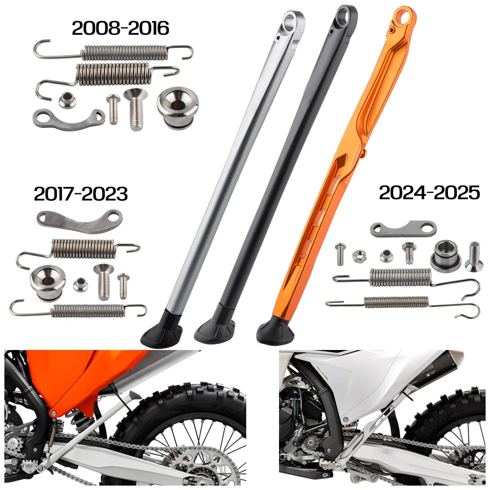 KTM side stand kit showing various components and an orange motorcycle with the installed stand.