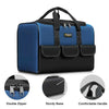 A navy blue tool bag with a black and blue design showing features like a double zipper, sturdy base, and comfortable handle.