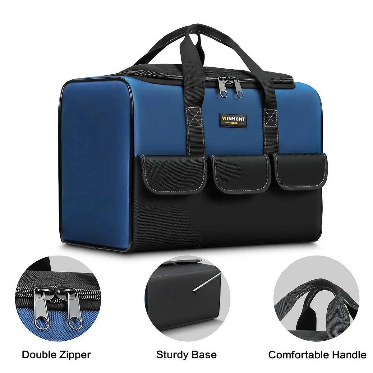 A navy blue tool bag with a black and blue design showing features like a double zipper, sturdy base, and comfortable handle.